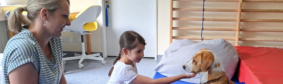 Damit Kinder wie die sechsjährige Emily mit dem Therapiebegleithund Molly arbeiten können, müssen sie zunächst Vertrauen zu dem Beagle-Mischling aufbauen. Foto: DKSB Essen